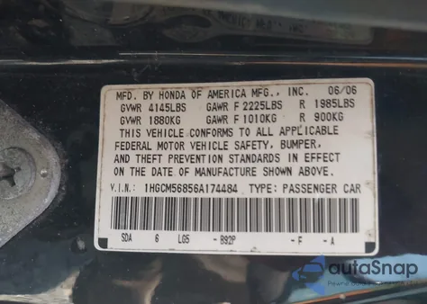 2006 Honda Accord 2.4 Ex from USA, damaged, VIN 1HGCM56856A174484